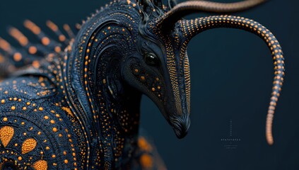 Intricate, dark-hued creature with orange dots and long, curved horns