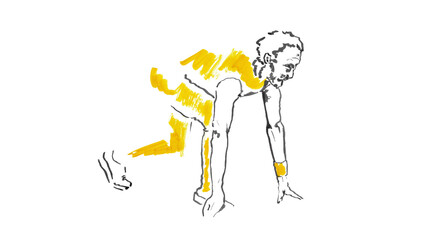 Energetic yellow and black watercolor depiction of an older man poised and ready to run.