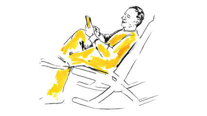 Painterly yellow and black watercolor scene of an older man relaxing in a rocking chair while viewing his cellphone.