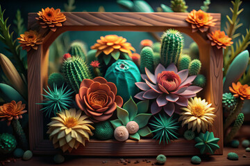 3D Paper Craft Illustration of Desert Flowers and Succulents in Decorative Frame