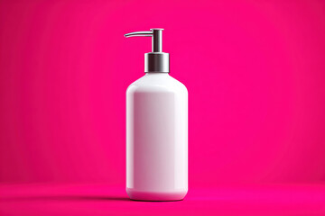 Realistic body lotion pump bottle stands prominently against vibrant pink background, showcasing its sleek design and modern aesthetic. bottle clean lines and shiny pump create inviting look