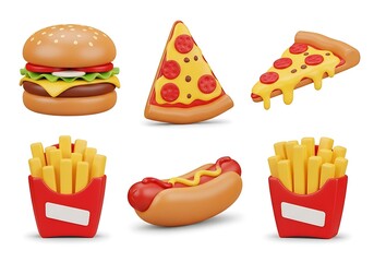 Assortment of 3D fast food items burger pizza fries hot dog french fries