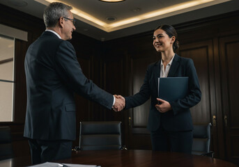 Two business people, a man and a woman, shake hands in a formal office setting after a successful meeting.