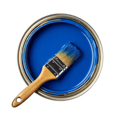 A blue paint can with a paintbrush in it