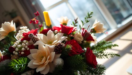 Festive floral arrangement brightens a sunny window
