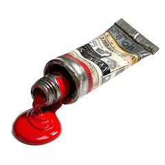 Vintage red paint tube squeezing out vibrant crimson paint on transparent background