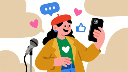 Woman recording video on smartphone, flat style, white background. Concept of social media, vlogging, live streaming. Vector illustration