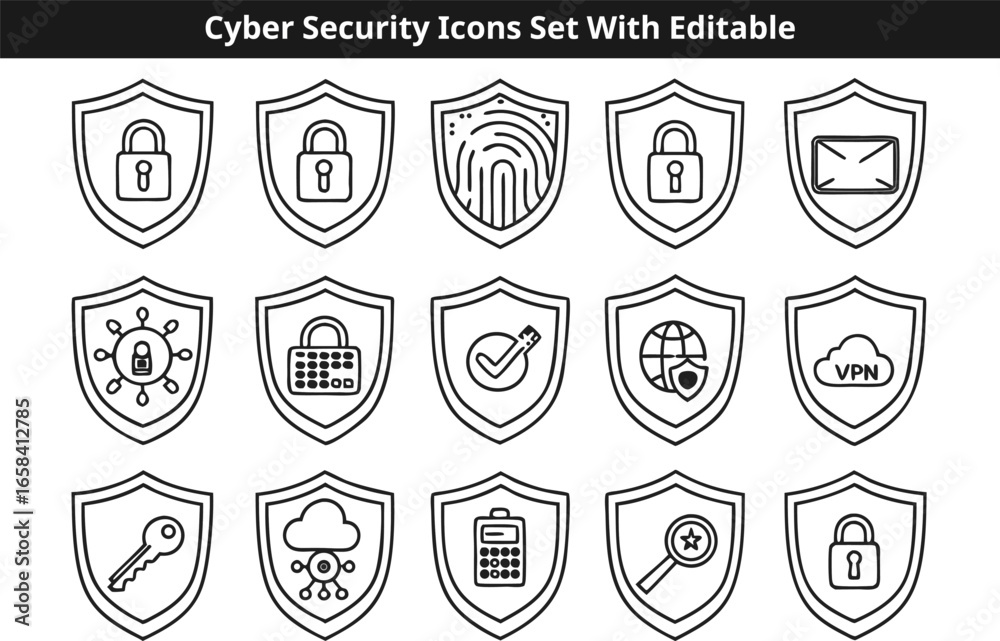 Wall mural cyber security icons set vector design with editable