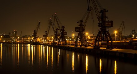 Fototapeta premium Shipping Cranes at Night Reflecting Golden Lights in Calm Water