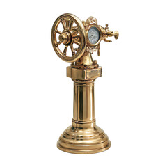 Obraz premium Intricate vintage brass nautical scientific instrument with handwheel and gauge on cylindrical pedestal isolated on transparent background