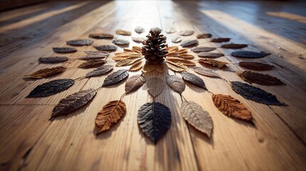 Focus on symmetry by arranging leaves and pinecones in a radial mandala shape with subtle shadows and a natural wood floor beneath