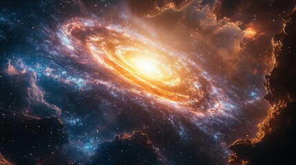 A vibrant spiral galaxy glowing with bright yellow core, surrounded by swirling blue stars and cosmic clouds in deep space.
