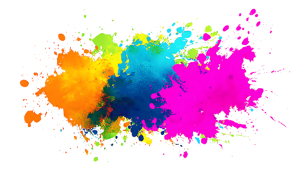 Paint splatter in neon colors, abstract artistic design, isolated on a white background