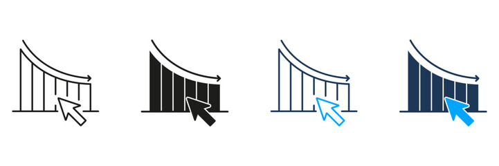 Declining Graph With Cursor Line And Solid Icon Set. Economic Downturn, Market Analysis, And Financial Decline Symbol Collection. Business Performance Tracking. Isolated Vector Illustration