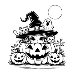 A black and white drawing for a children's Halloween activity, featuring a little witch hiding in a pumpkin with a ghost and a cat. Perfect for a coloring book or educational material.