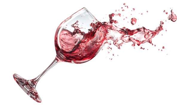 Wine glass spill with dynamic liquid movement, isolated on a white background