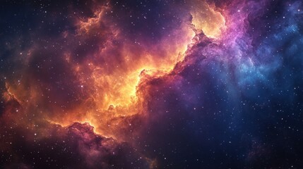 Fototapeta premium A vibrant cosmic nebula glowing with fiery orange and purple gases against a starry dark space background.