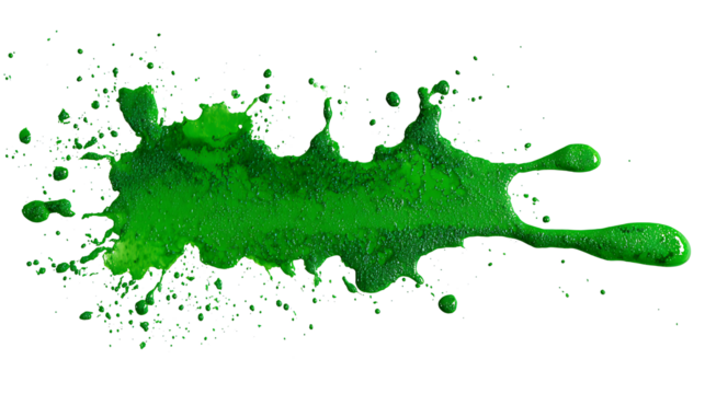 Green paint splatter with artistic random droplets, isolated on a white background