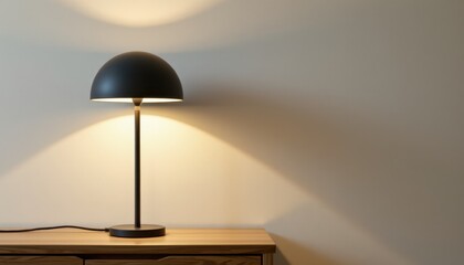 A modern black dome desk lamp illuminates a wooden table surface and wall