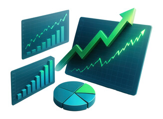 3D stock market analysis with growth charts and financial investment data.