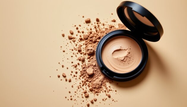 Open makeup compact with scattered powder and broken pieces on a neutral background