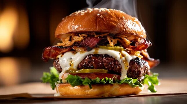 Cinematic video of a gourmet burger on a glossy brioche bun with layers of lettuce, tomato, double Angus beef patties, melted Jalape&ntilde;o Jack cheese, bacon, fried onions, pickles, and rising steam in st