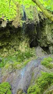 Beautiful slow motion video of the Sipote Waterfall (Cascadele de travertin) on a beautiful sunny summer day. Rain like water droplets falling from the travertine rocks giving a zen vibe. Alba,Romania