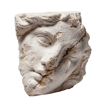 Ancient Weathered Stone Sculpture Head with Detailed Facial Features and Textured Hair on Transparent Background