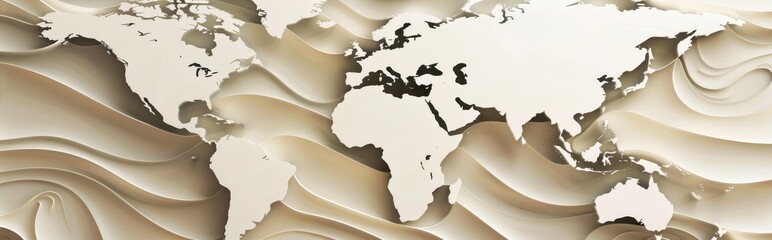 World map with relief, background in neutral tones of beige and white, the world is made from carved metal, the lighting creates shadows on the wall creating depth and dimension to it