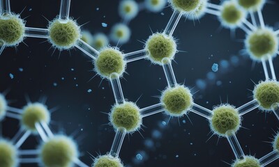 Abstract interconnected green spheres with spiky surfaces, connected by transparent lines