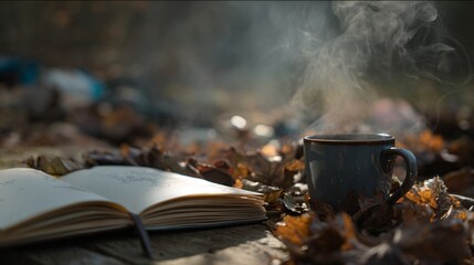 Photograph a moment of slow living like a steaming mug beside fallen leaves and an open nature journal