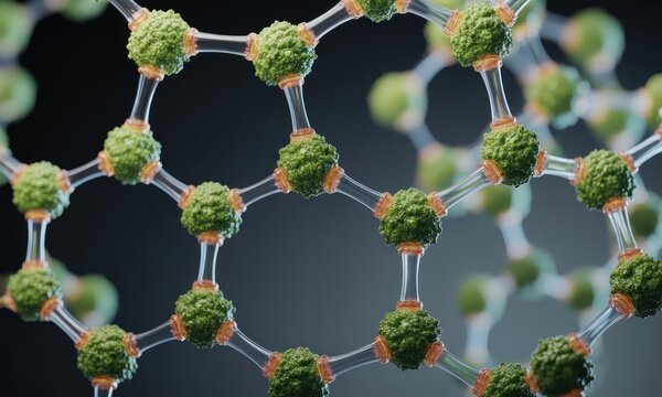 Abstract rendering of green spheres connected by orange nodes and transparent lines