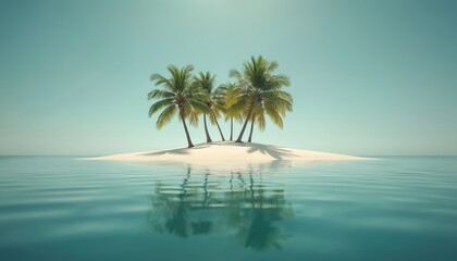 Fototapeta premium Serene tropical island oasis with rich palm trees on sandy beach under clear blue sky. Calm turquoise water reflects peaceful scenery, creating tranquil atmosphere for vacation and relaxation.