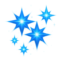 Obraz premium Blue glowing stars with rays and sparkles, ideal for winter or holiday scenes.