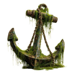 Rusty weathered anchor entwined with moss and corroded chain isolated on transparent background