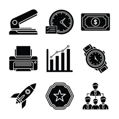 Business and Office Silhouette Vector Icon Set on Transparent Background