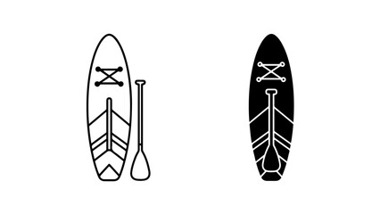 A stand-up paddleboard and paddle are shown as outline and silhouette icons on a white background.