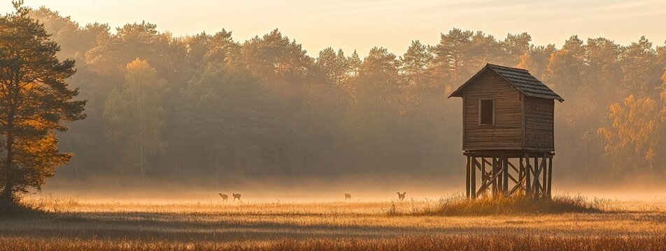 Photo of an old wooden hunting tower in the middle, standing on tall grass near trees and a cornfield with deer far away in the misty field at sunrise.