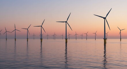 Offshore Wind Turbines at Dusk with Pink and Orange Sky Over Calm Water
