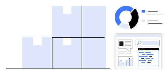 Stacked warehouse blocks with analytics dashboard showing graphs, pie chart, and search bar. Ideal for logistics, e-commerce, data, inventory, supply chain, management simple landing page