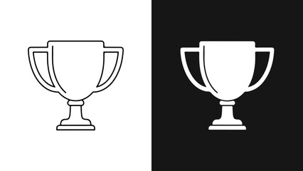A minimalist trophy icon is presented on a split black and white background.