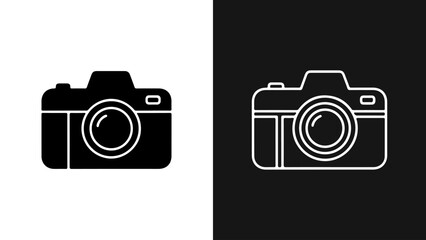 Two camera icons in contrasting solid and outline styles are shown on a split background.