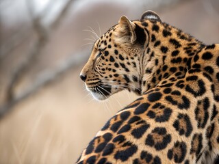Obraz premium A majestic leopard with beautiful spotted fur looks over its shoulder, gazing into the distance in its natural outdoor habitat.