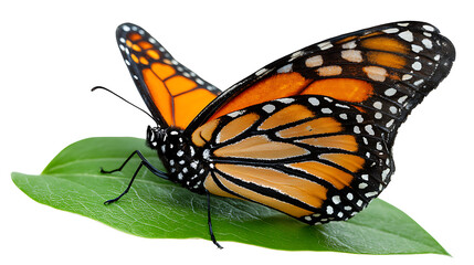 Fototapeta premium Monarch butterfly perched on a green leaf, delicate details and vivid colors, isolated on a white background