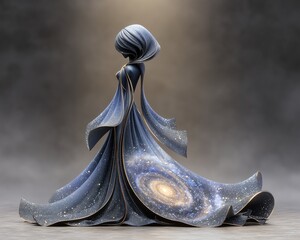 Cosmic Deity Sculpture, galactic matriarch formed of spiral galaxies, arms cradling a new universe, soft particle glow flowing through vast robes, high-detail surrealism