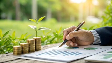 A hand studies financial charts, illustrating sustainable business growth with rising money piles and a sprouting plant in a natural environment.