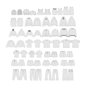 Apparel Vector Mockups Bundle Blank Men&rsquo;s T-Shirt Shorts Design Template Cap Sweatshirts Varsity Jacket Mock-ups Realistic Style Baseball Cap Vector Mockups Template Clothing CAD Tech Pack
