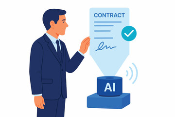 Employee scanning a holographic contract with AI validation Illustration