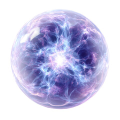Glowing glass sphere with swirling blue and purple ethereal plasma patterns and dynamic lightning-like energy on transparent background