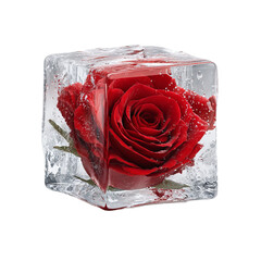 Vibrant red rose frozen inside a textured ice cube with water droplets on a transparent background